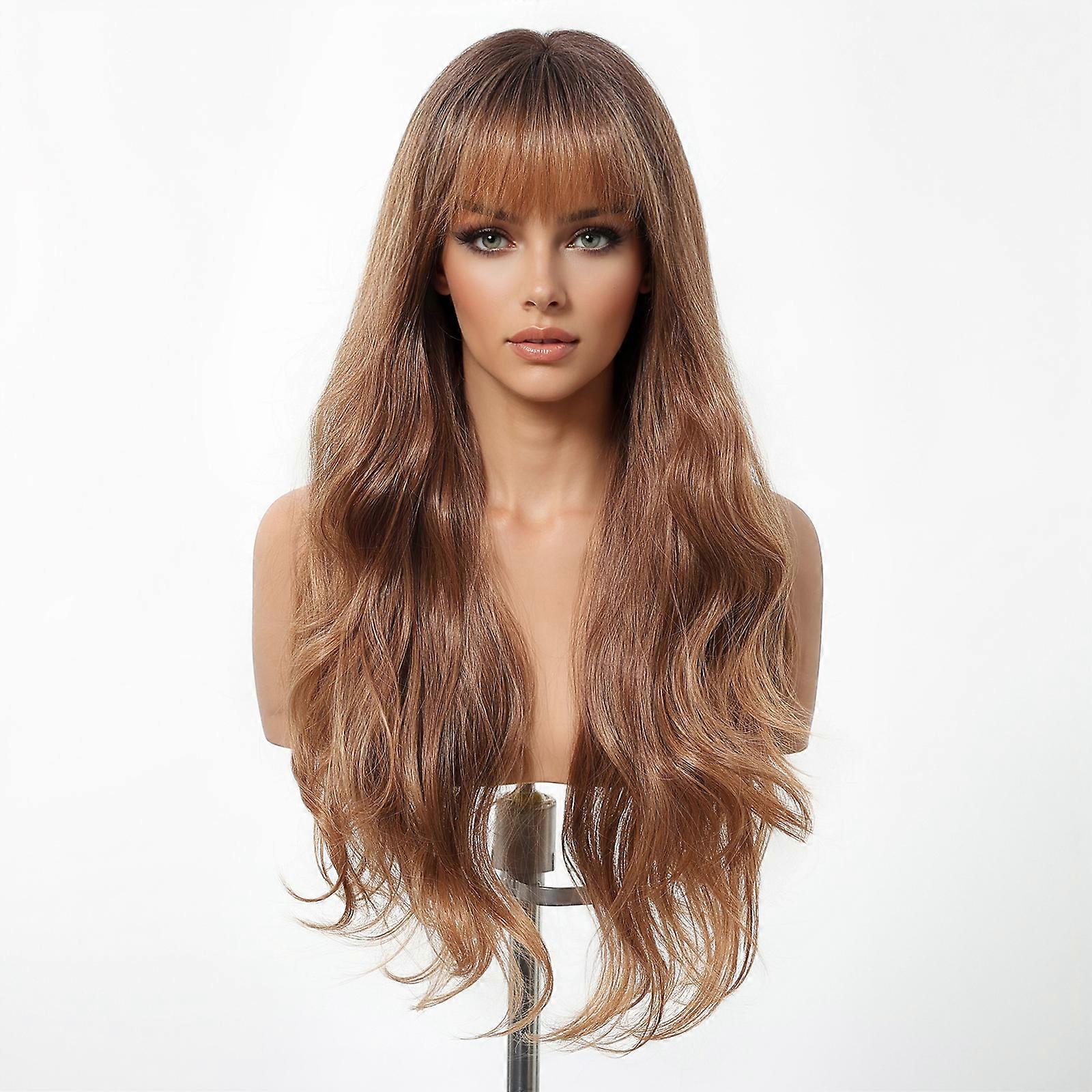 Haircube Brown Curls with Bangs Machine Made Heat-Resistant Glueless Wear and Go Wig - Natural Look for Daily Wear
