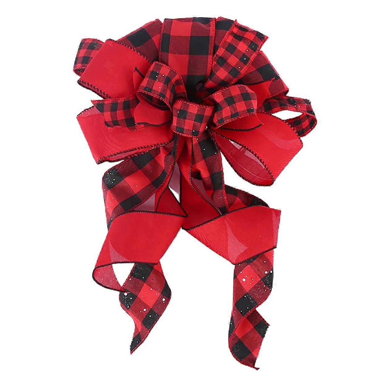 Christmas Tree Topper Bowknot Red Black Plaid Ribbon Ornament for Xmas Tree Decor Easy to Install Treetop Decoration