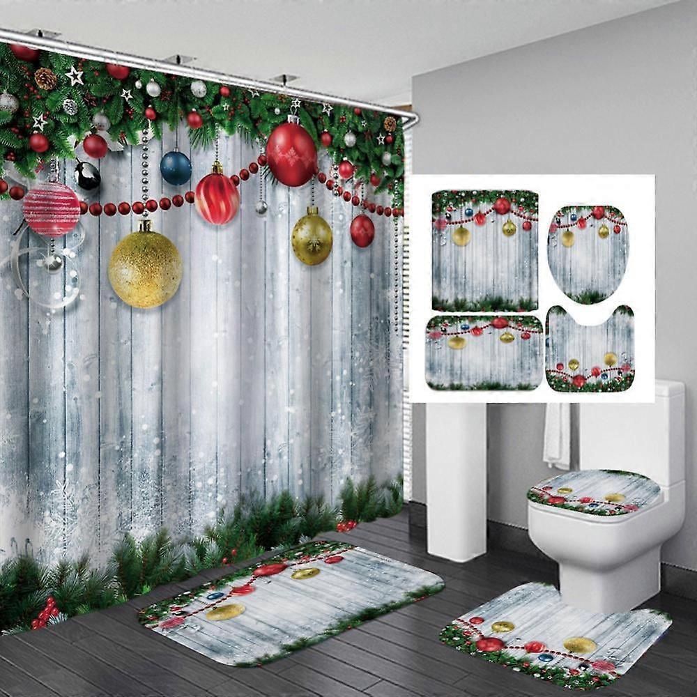 4 Pcs Merry Christmas Shower Curtain Set with Non-Slip Rugs, Bath Mat, Toilet Cover & 12 Hooks, Xmas Tree Ball Snowflake Red Design