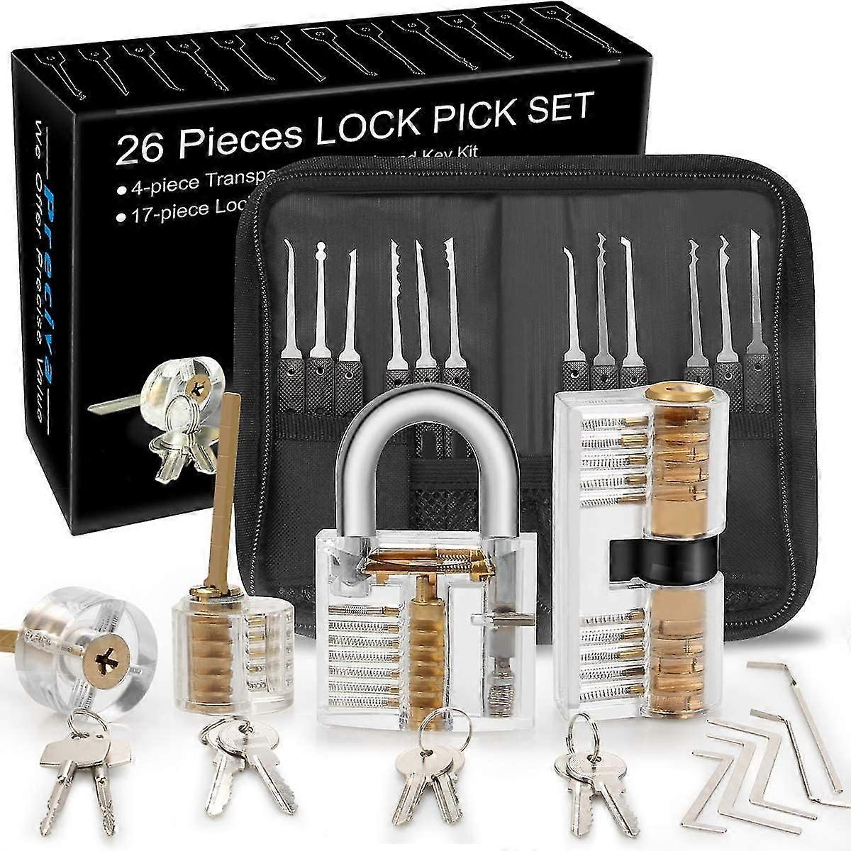 Lock Picking Kit, 26-piece Lock Picking Kit, Practice Tools With 4 Clear Locks For Beginner And Pro Locksmiths (clear)