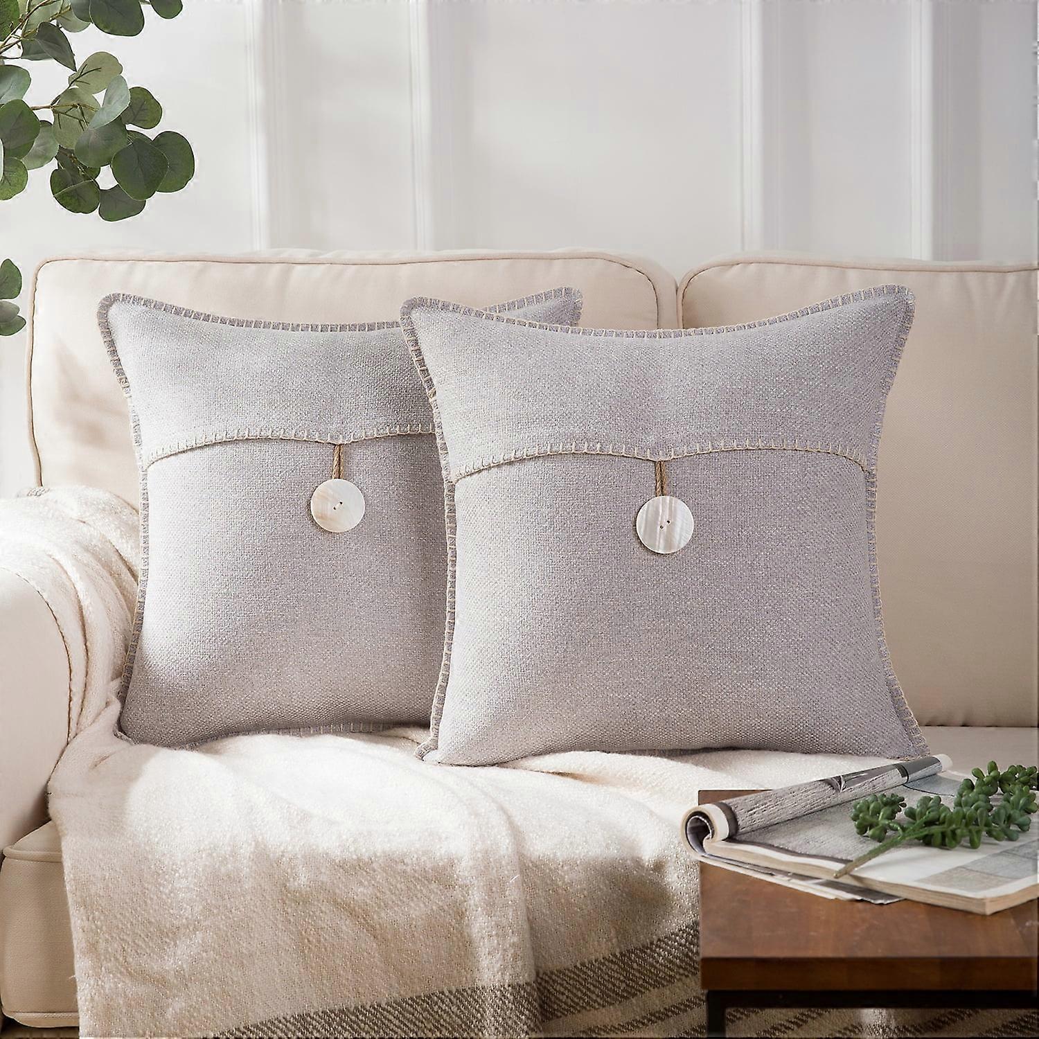 Phantoscope Farmhouse Button Series Square Decorative Throw Pillow Cover for Couch, 18" x 18", Light Gray, Single Button, 2 Pack