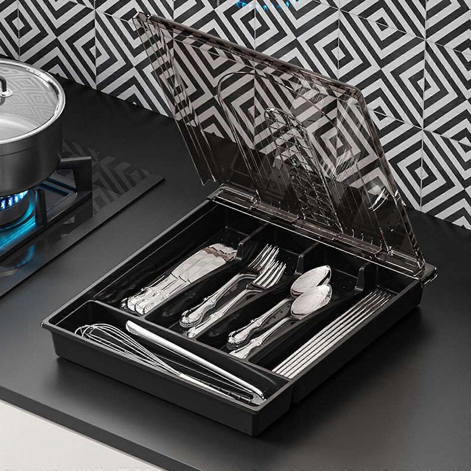 Cutlery Drawer Organizer with Closing Lid - Multifunctional Kitchen Storage Box, Compatible with Utensil Tray