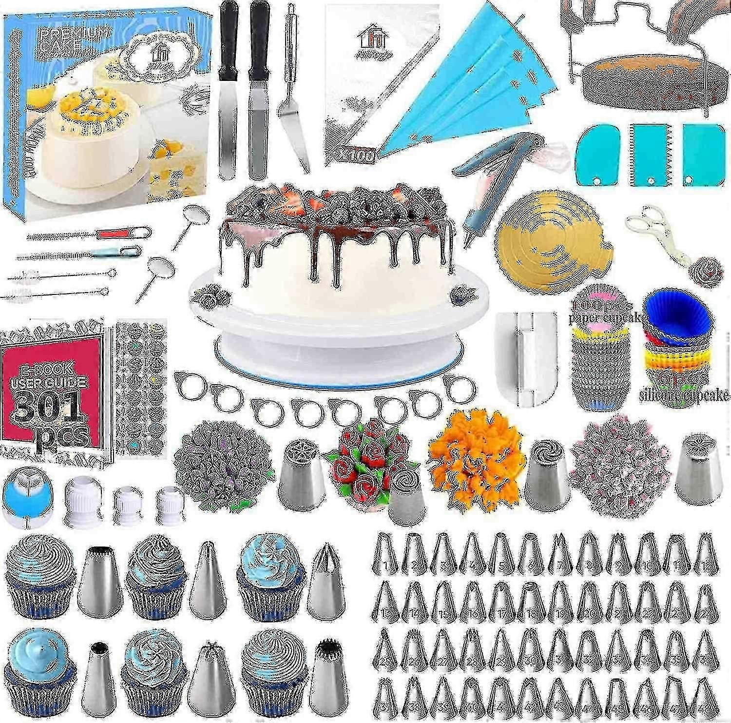 Professionelles Backset 301 Stück, Kuchendrehteller, Teigtüllen, Spritzbeutel, Kuchendekorationssets - KC