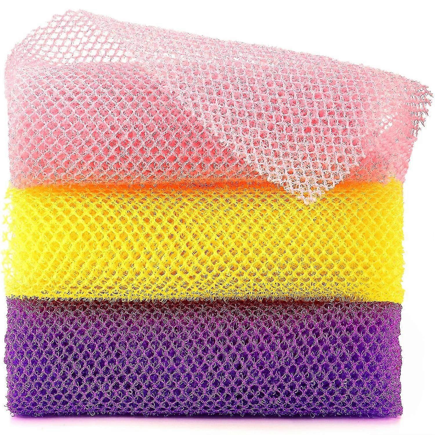 3 pezzi di spugna da bagno africana, esfoliante, per la doccia e il corpo, ideale per l'uso quotidiano (rosa, giallo, viola)