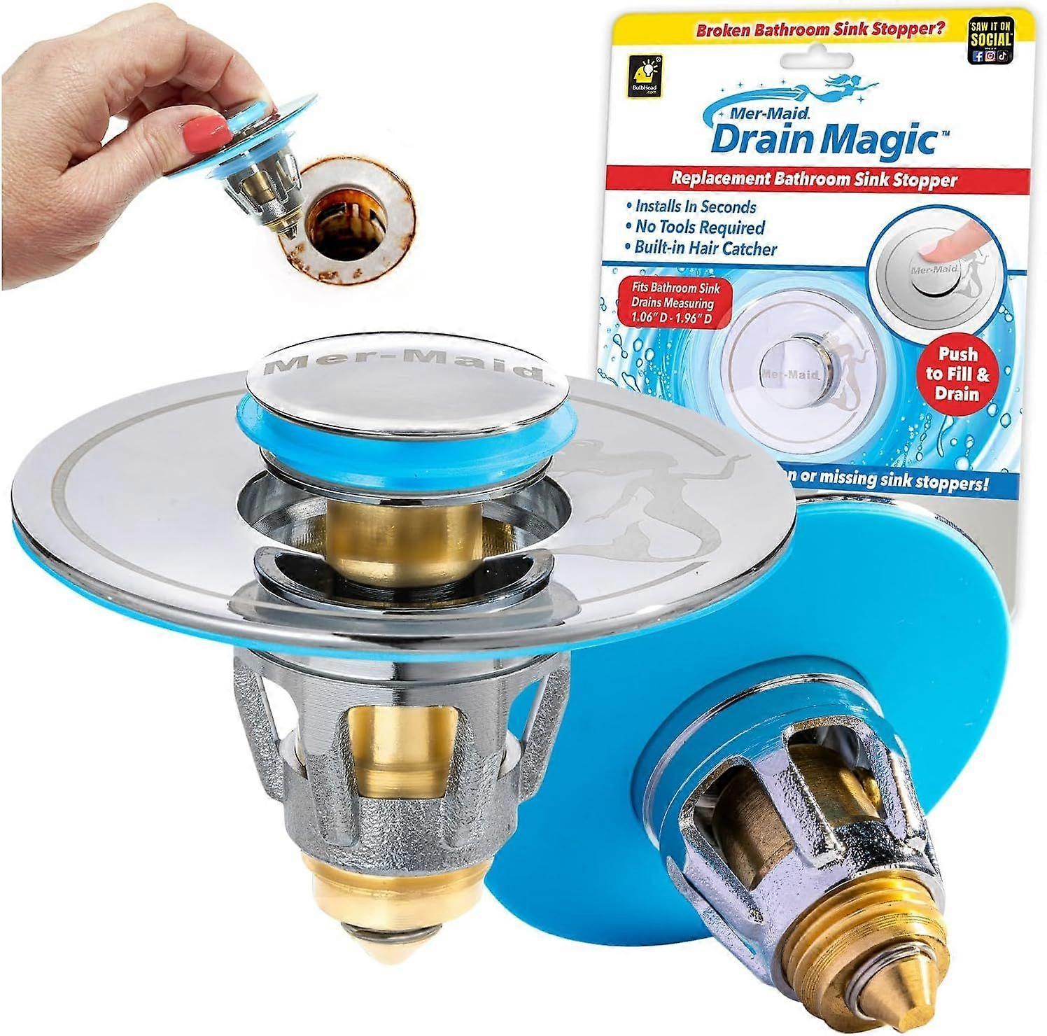 Drain Magic AS-SEEN-ON-TV Replace Broken or Missing Bathroom Drain Stoppers in Seconds, No Tools, Push To Fill, Hair Catcher Prevents Clogs, Watertigh