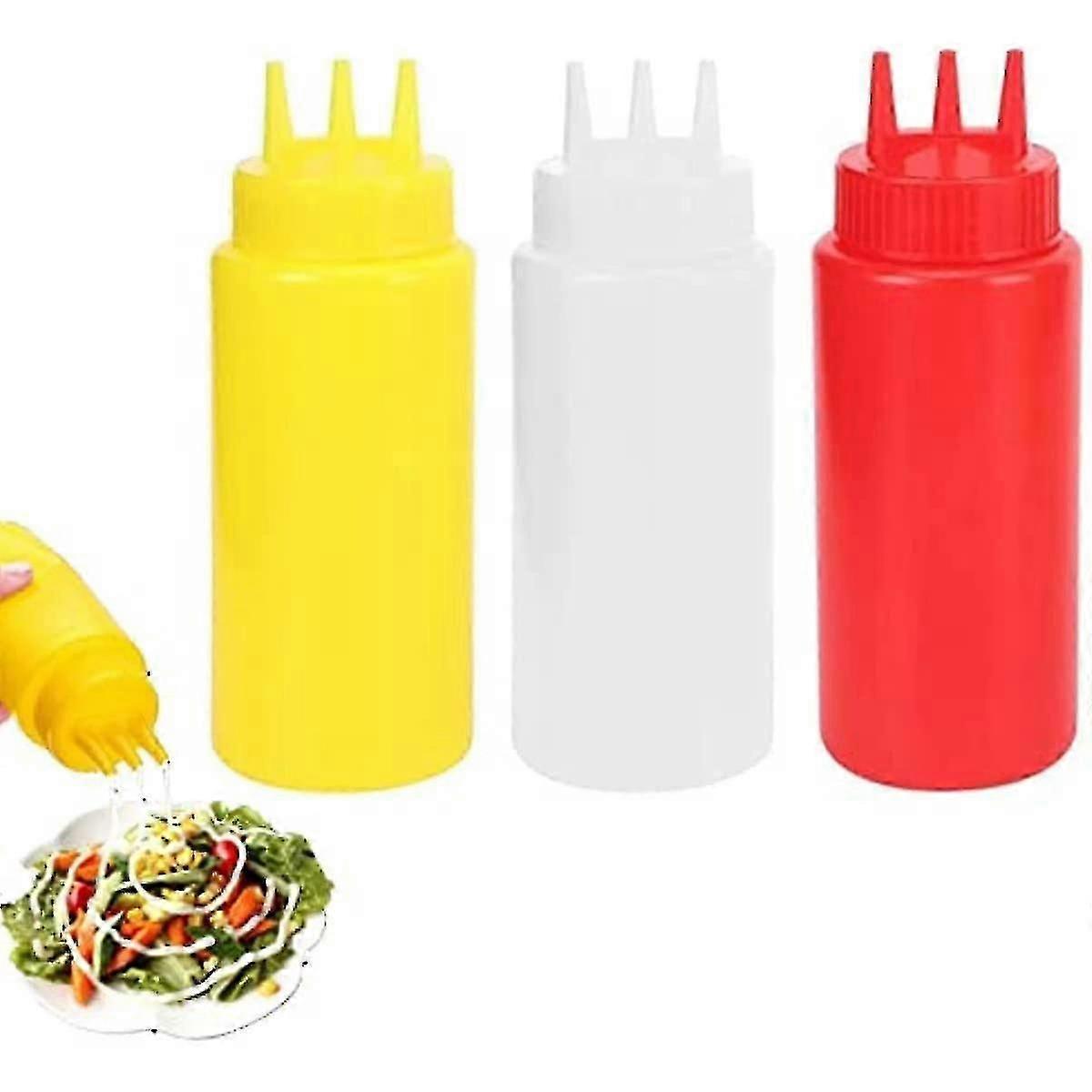 3-Pack Triple Nozzle Condiment Squeeze Bottles, Plastic Multi-Purpose for Oil Sauce Dressing