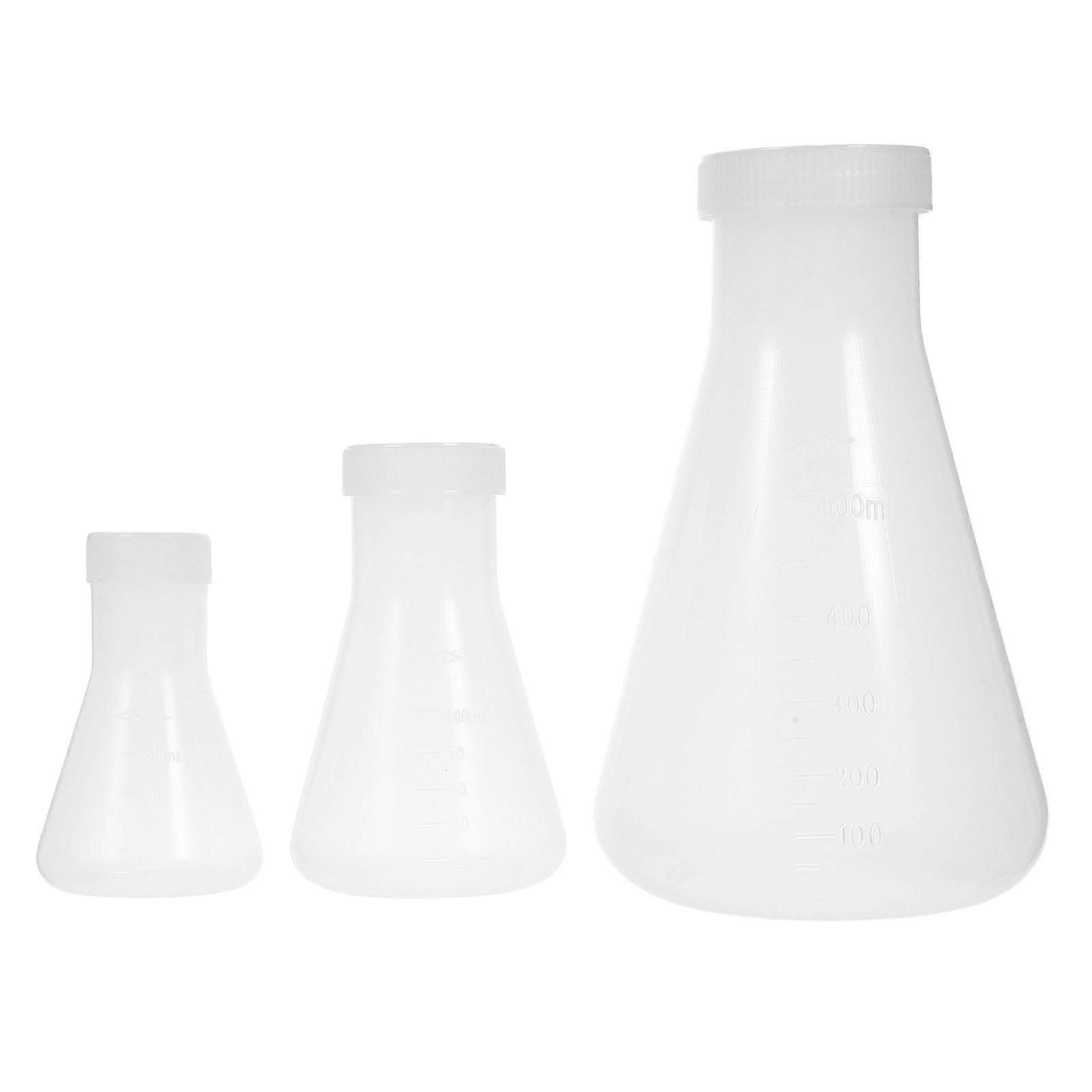 3Pcs Plastic Flask Conical Flask with Screw for Laboratory Students Experiment Chemistry White (50ml+100ml+500ml)