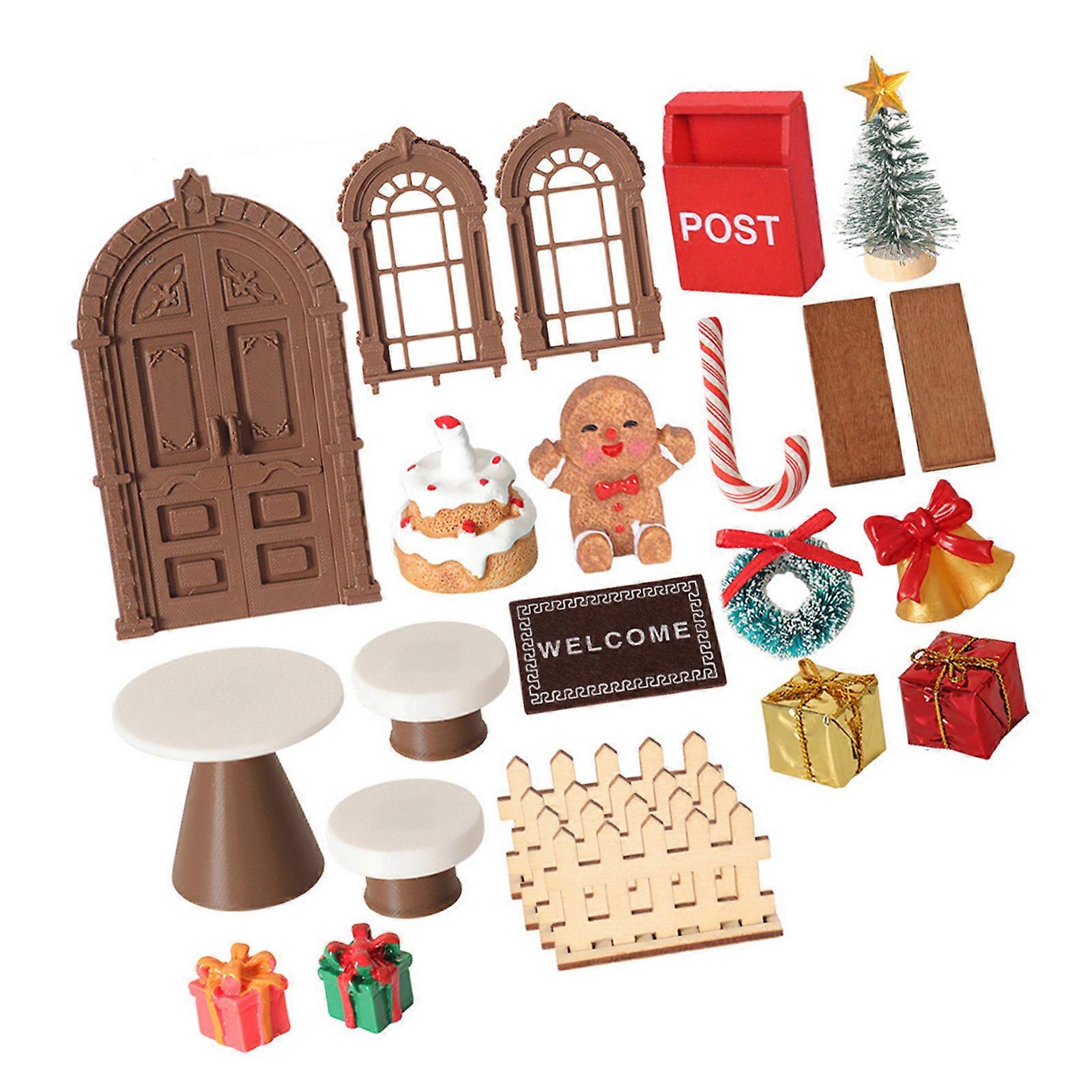 Christmas Theme Doll House Furniture Set With Gingerbreads Door And Tree Welcome Mat For 1/12 Model Craft Project Display Multicolor