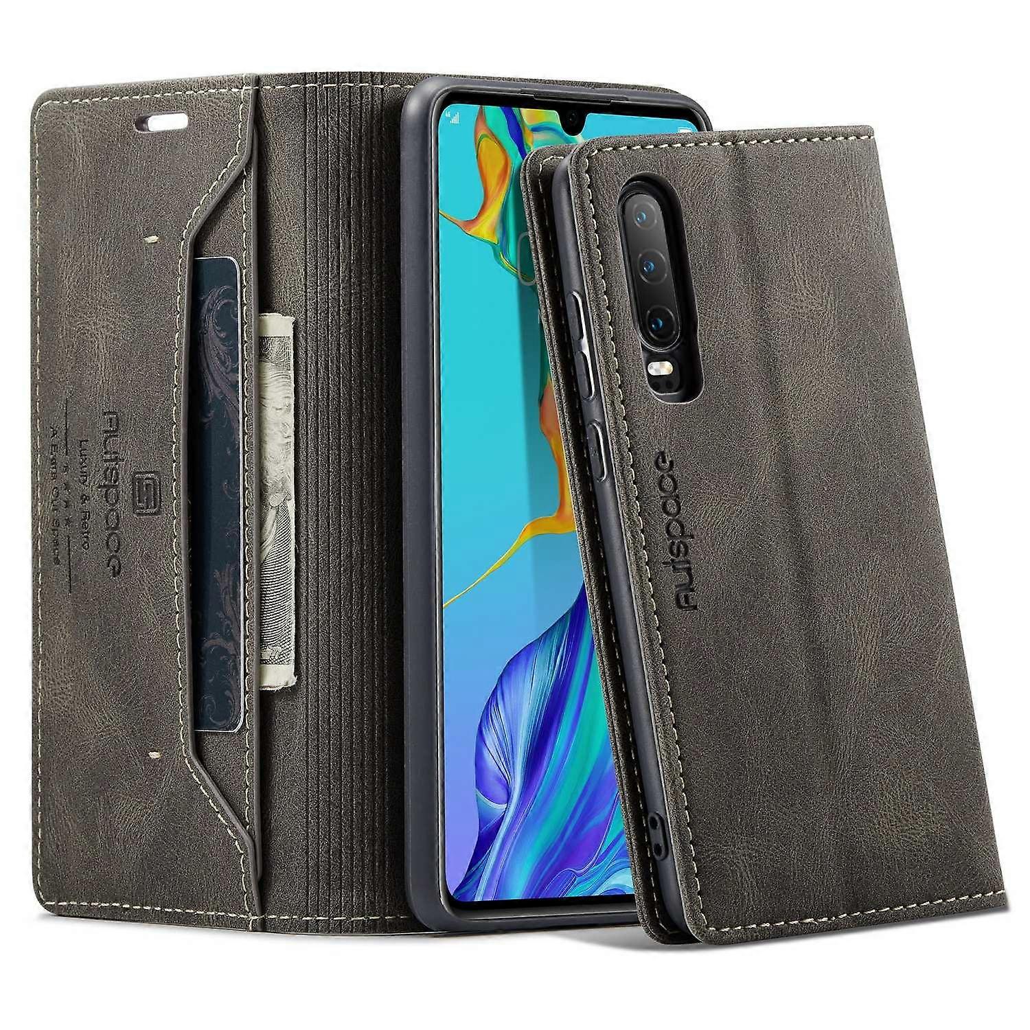 For Huawei P30 Wallet Case AUTSPACE A01 Leather Stand Cover with RFID Blocking Card Holder