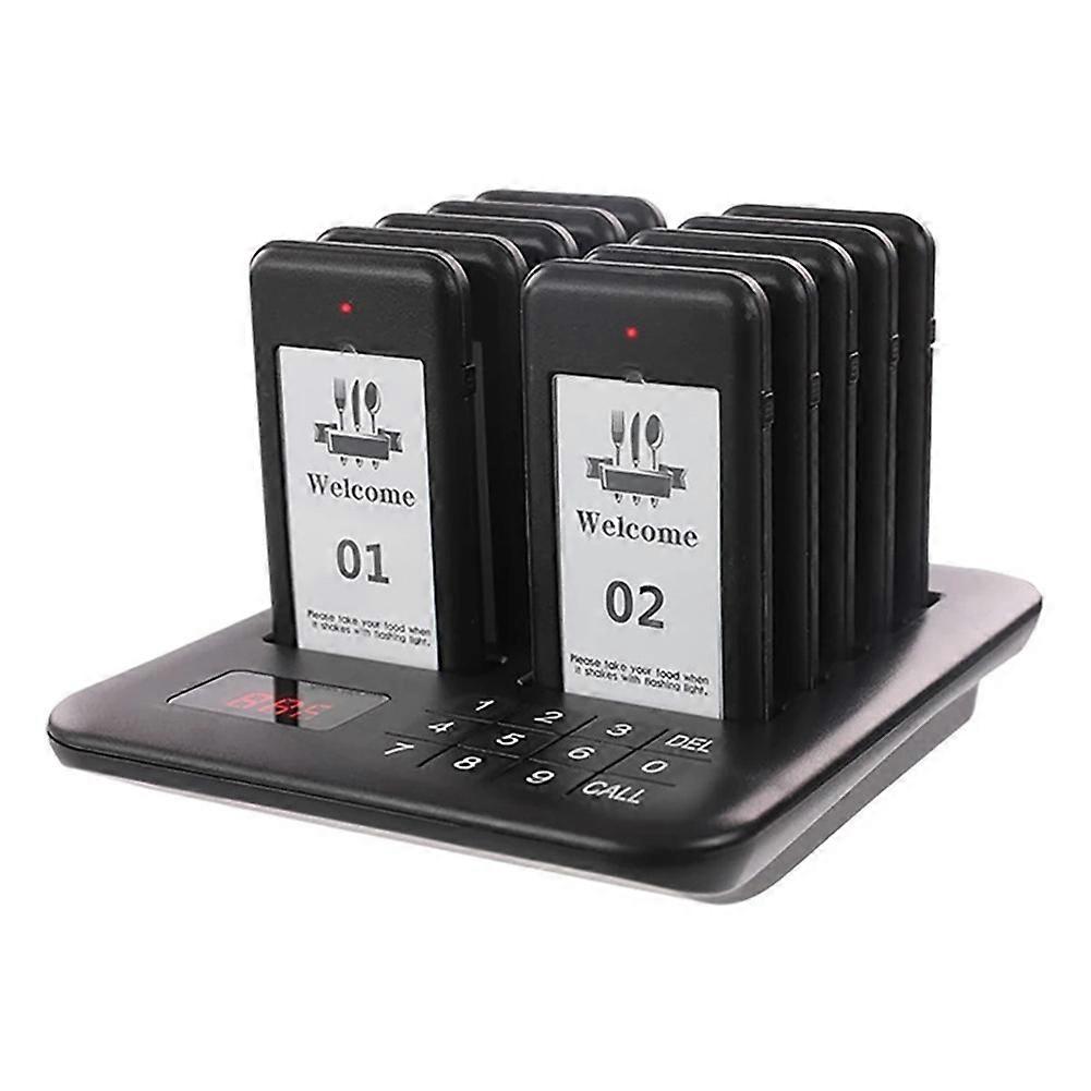 Wireless Restaurant Pager+10 Coasters Buzzer Pager Receiver EU Plug
