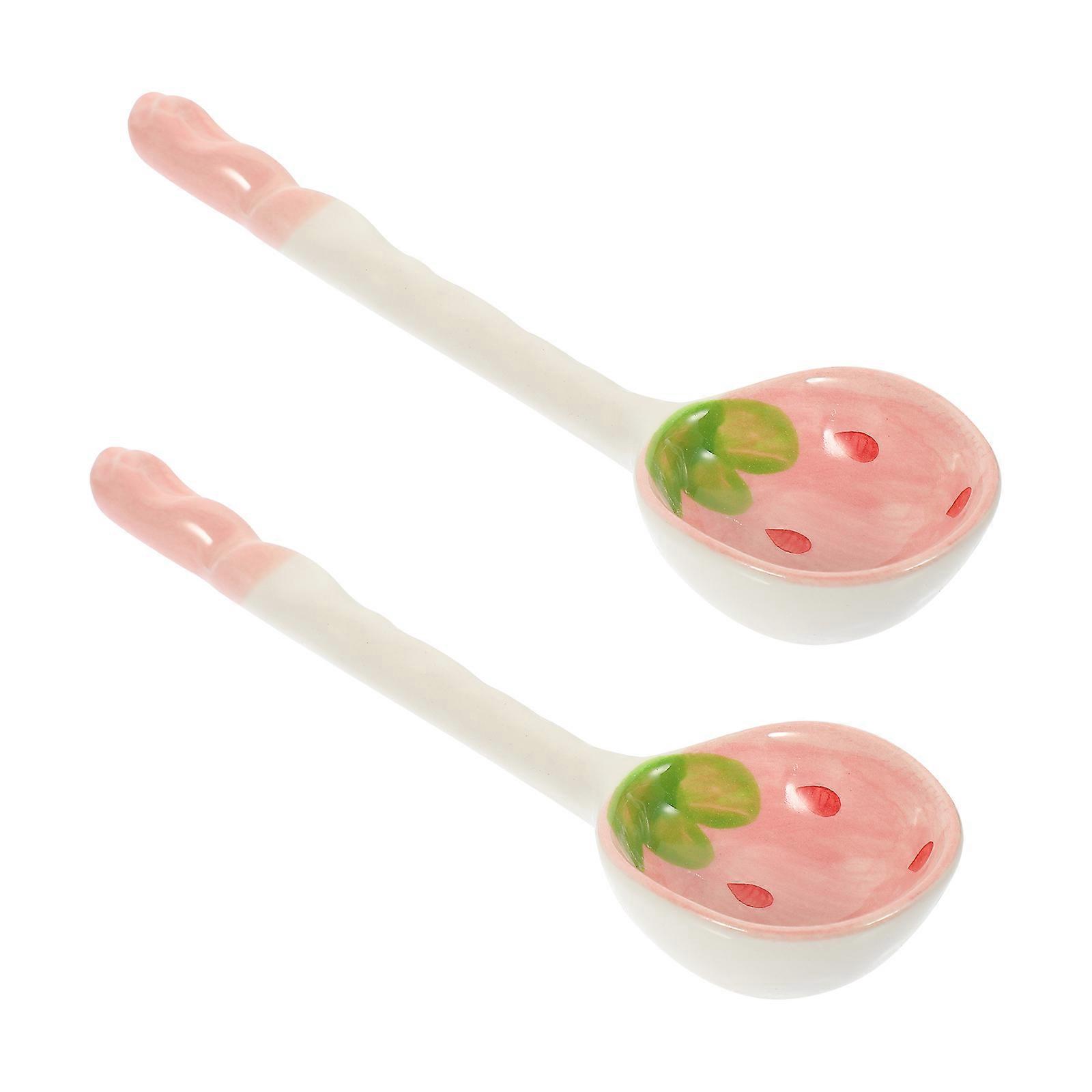 Pink Household Ceramic Spoons for Soup Use 6Pcs with Fruit Pattern Design