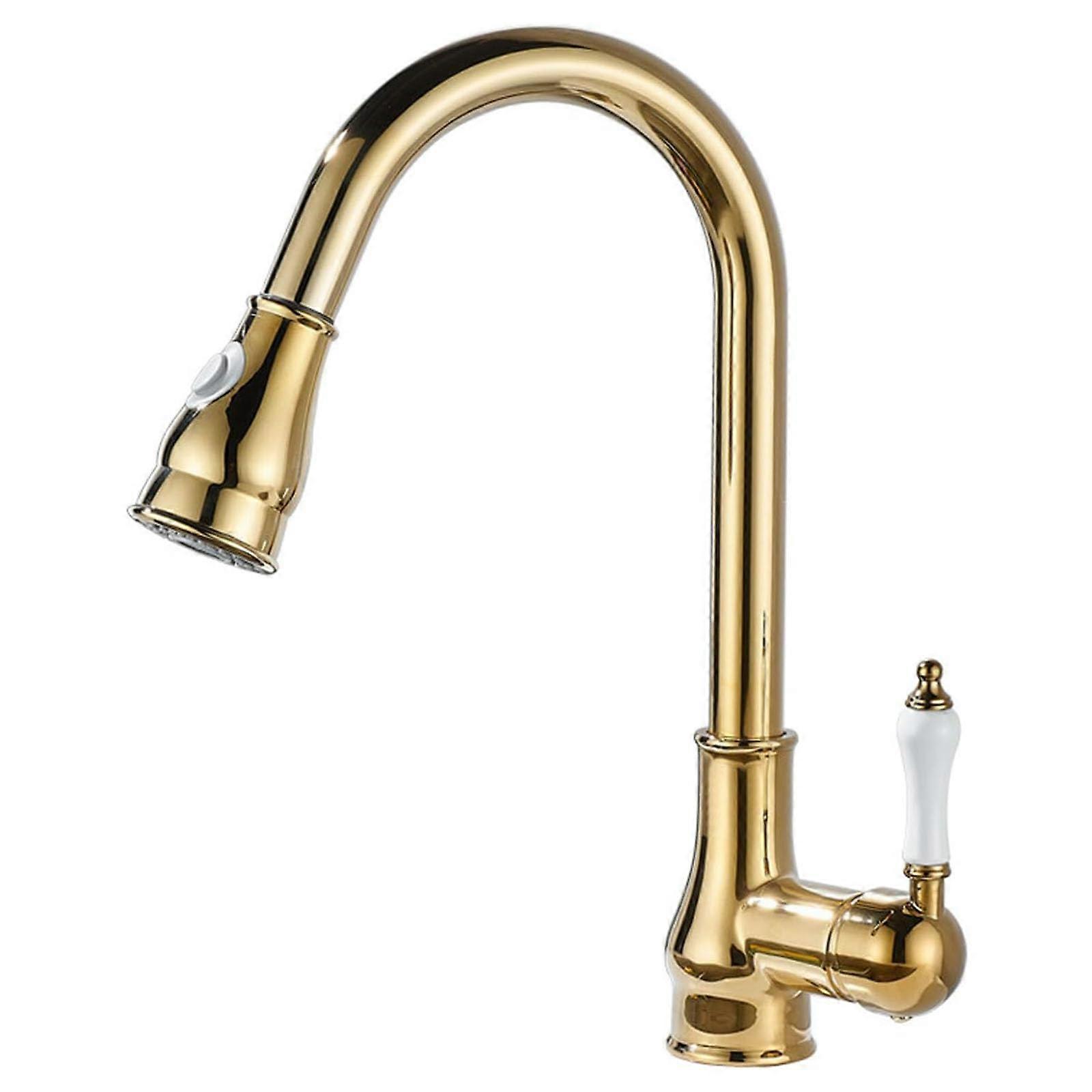Gold Kitchen Faucet with Pull Down Sprayer, Brass Single Handle Tap, Dual Spray Modes, 360° Swivel