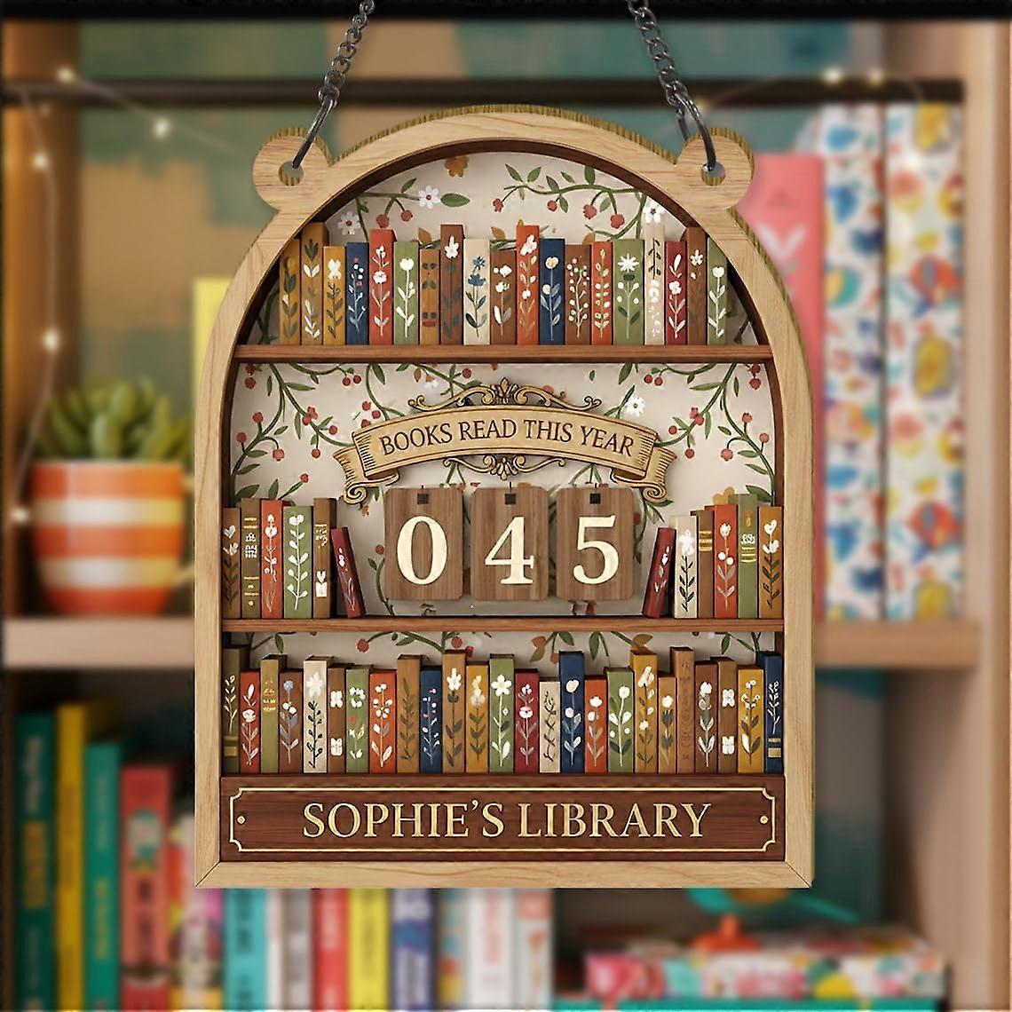 Wooden Reading Tracker with Name Engraving, Yearly Progress Log, Home Library Decor