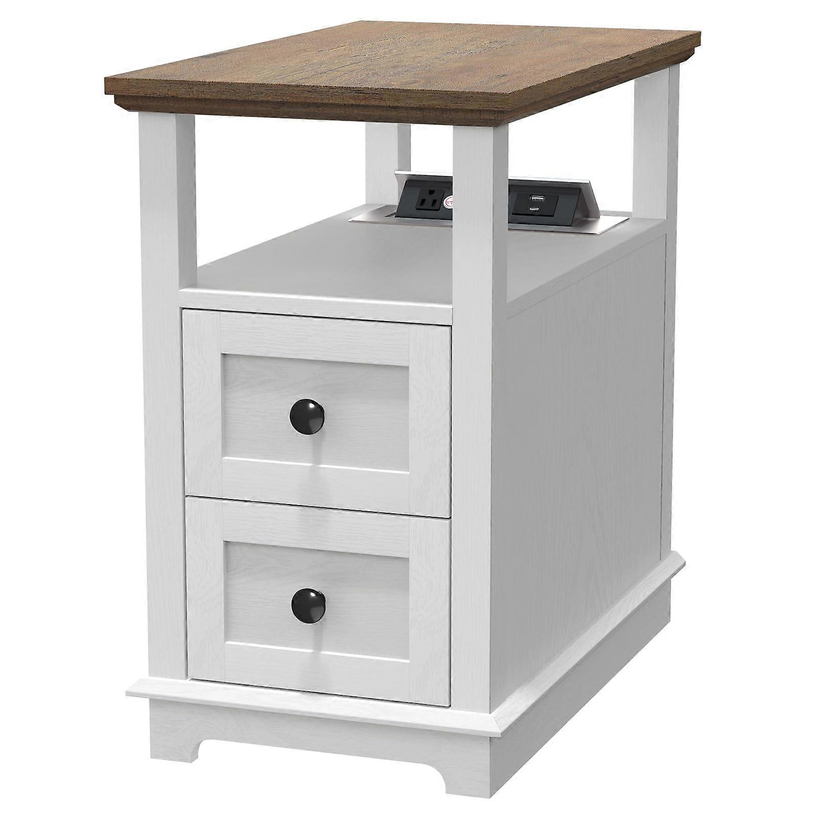 White Narrow End Table with Charging Station, USB and Outlets, 2 Drawers Storage for Living Room