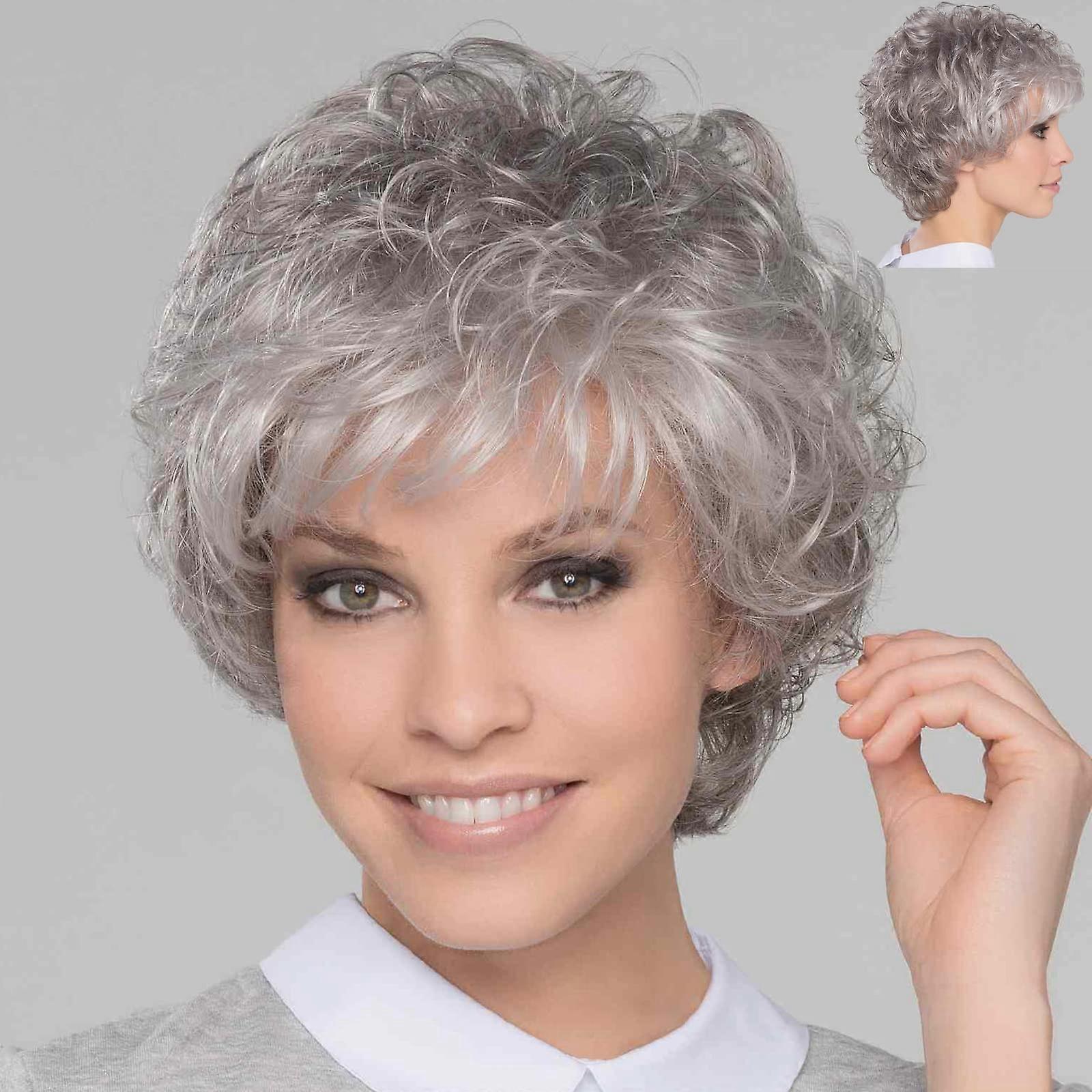 Grey Pixie Cut Wig with Bangs, Short Curly Layered Grey Wig for Elderly Women, HeatResistant