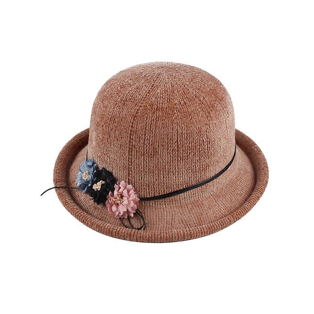 Brown Bowler Knitted Sun Hat for Piece with Curled Brim