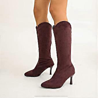 Stivali invernali da donna alti fino al ginocchio, con punta a punta, cerniera posteriore, tacco alto, casual, effetto scamosciato, bordeaux scuro/nero