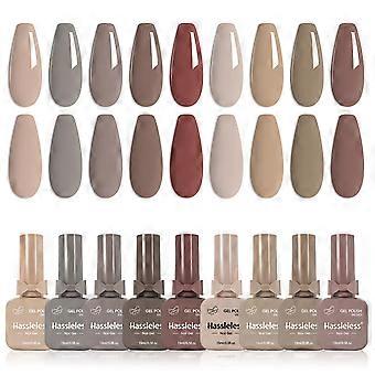 Probleemloze 9-delige set effen gelnagellak in een glazen flesje in de vorm van een strik. Deze bruine nagellakset heeft een langdurige dekking.
