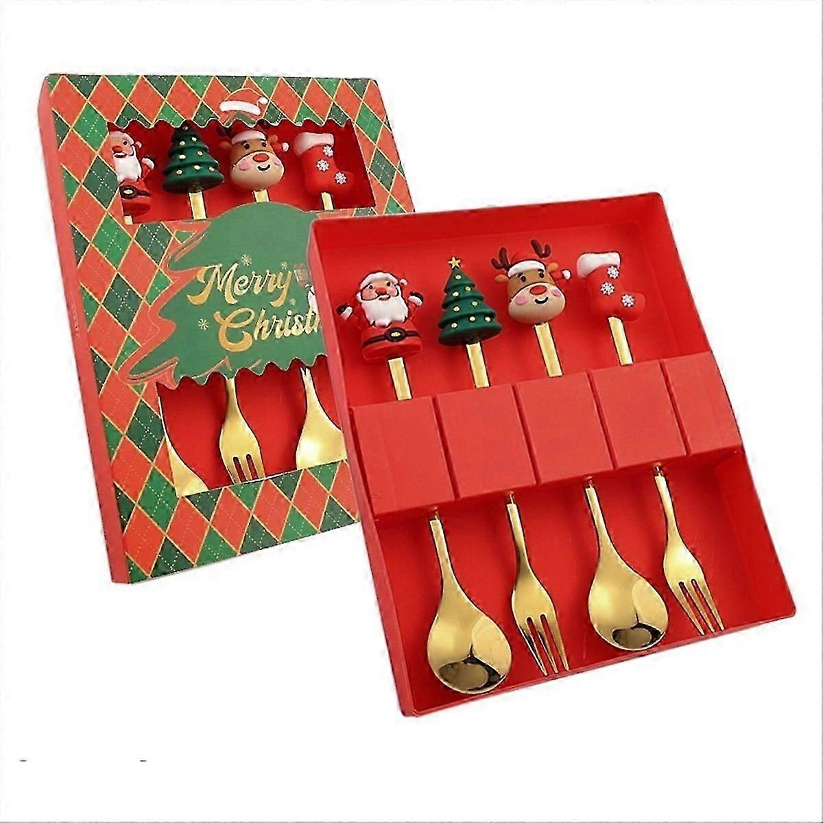 4Pcs Christmas Fork And Spoon Set,Stainless Steel Tableware