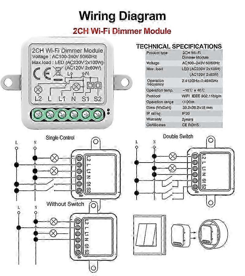 Tuya Smart WiFi Dimmer Switch Light Module 10A, stöder 2-vägs kontroll
