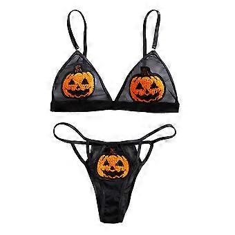 Halloween Bra Panty Set - Sheer Mesh Pumpkin Print - for Women Sexy Costume Party