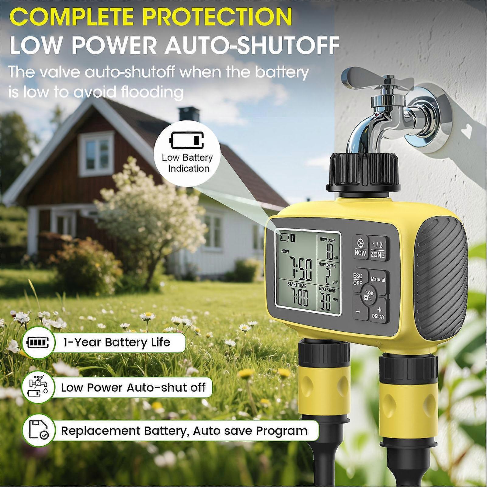 Sprinkler Timer 2 Zone Programmable Rain Delay IPX5 Water Proof Hose Irrigation Controller for Lawn Yard Pool