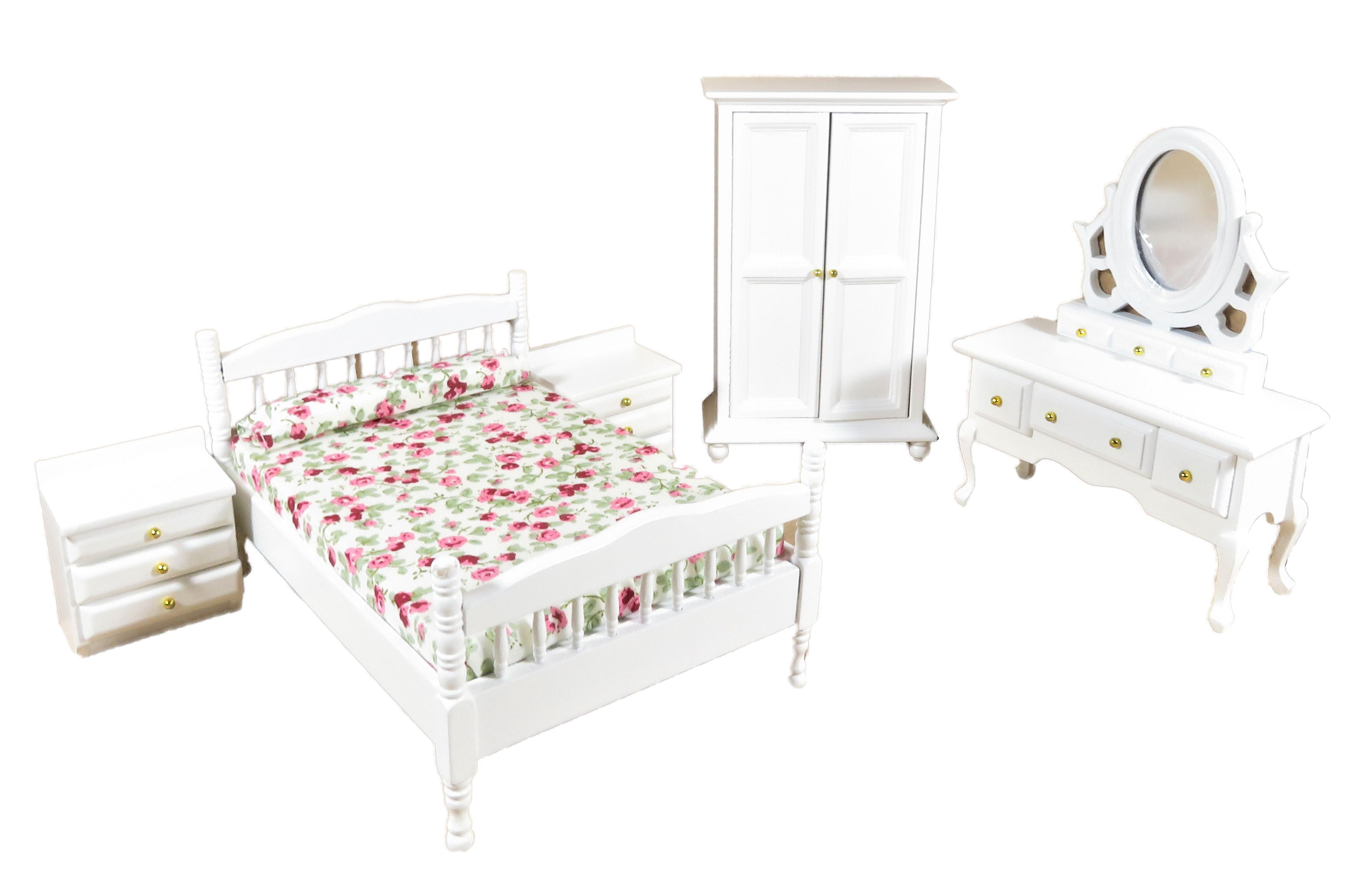 Dolls House White Double Bedroom Furniture Set With Spindle Frame 1:12 Scale