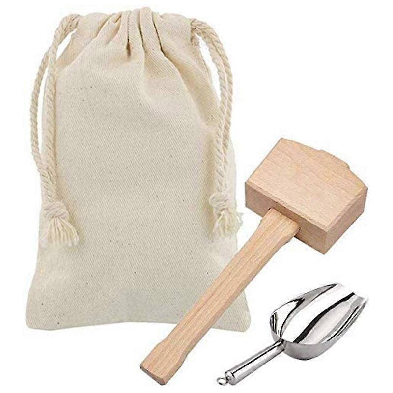 Ice Mallet and Ice Bag - Wood Hammer and Cotton Linen Bag for Crushed Ice, Bartender Kit & Bar Tool