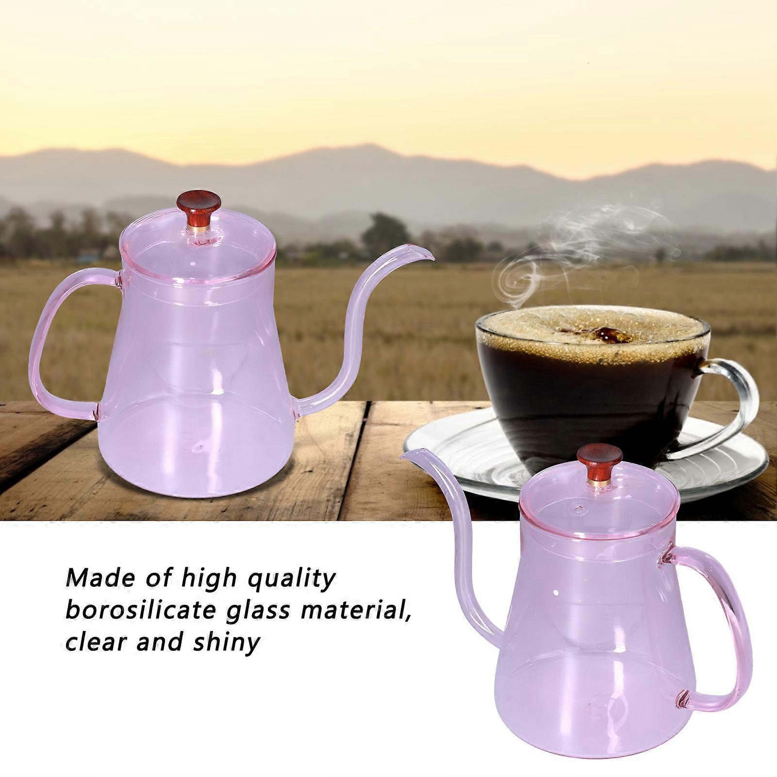 Gooseneck Pour Over Kettle, 600ML Glas Kaffe Dropp Vattenkokare Lång pip Vattenkokare Kaffe Tekokare Värmebeständig tekanna med lock för hemkök [Rosa]