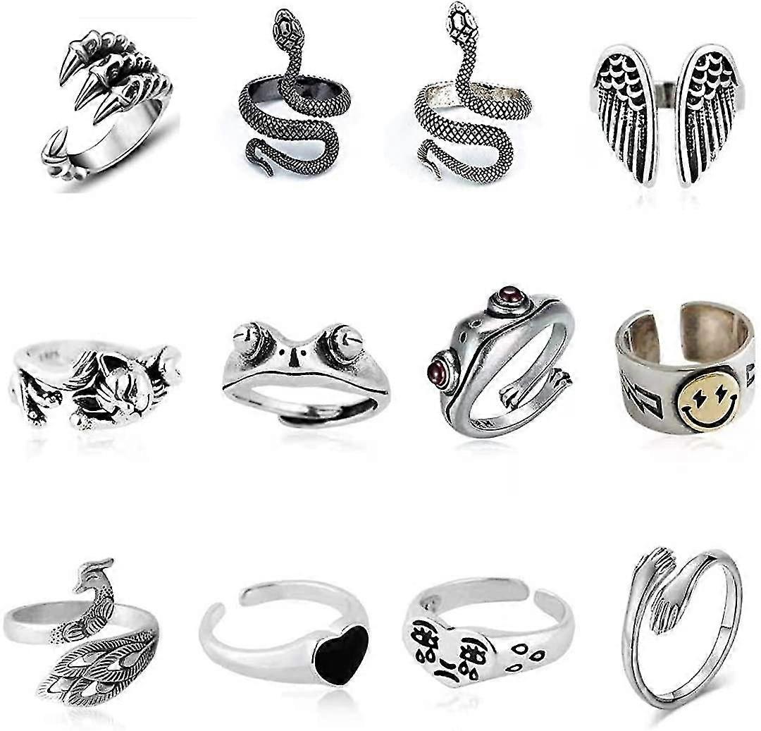 12 pcs silver plated frog rings set, cute animal open rings pack, vintage goth hippie matching rings, cute and stylish, snake, hug, cat, lucky face ri