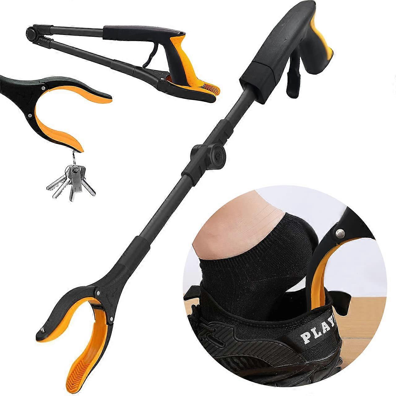 Reacher Grabber, 32" Foldable Pick Up Long Arm Reacher with Shoehorn Magnetic Tip 360 Rotating Head Reaching