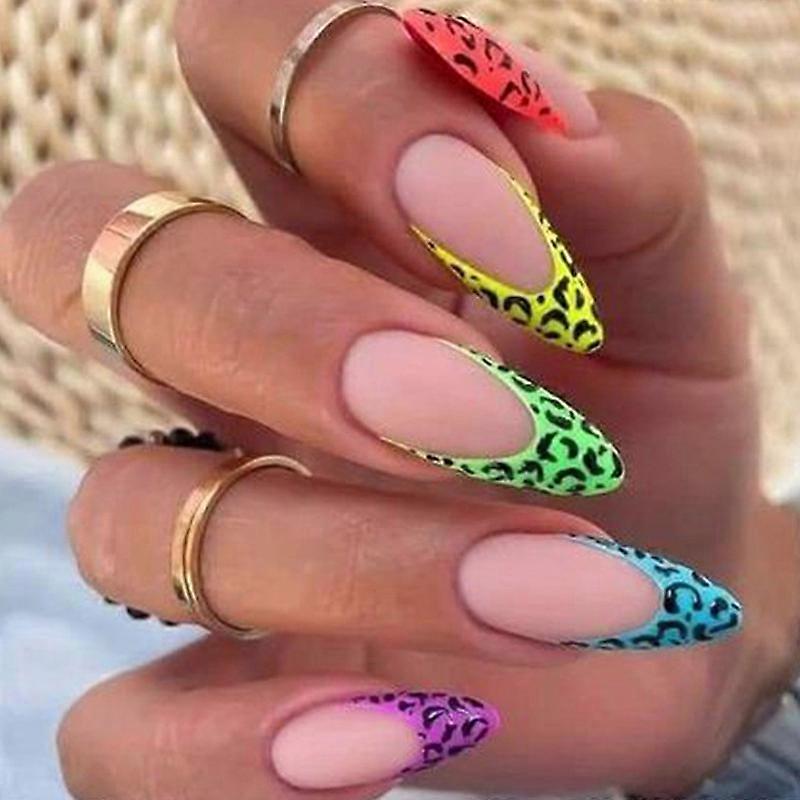 Colorful Leopard Print French Tip Press Nails Almond Medium Long False Nails with Adhesive Labels Full Coverage Artificial Acrylic 24 Pieces
