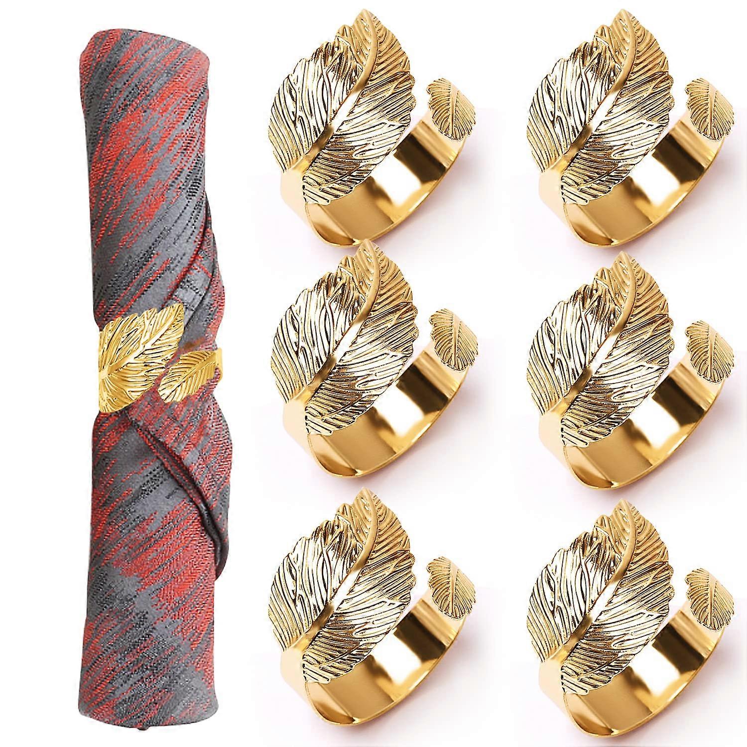 6 Pcs Napkin Rings, (2023 NEW) Gold Leaf Napkin Rings Set of 6 Napkin Holders Rings for Wedding Party Table Setting Table Decoration