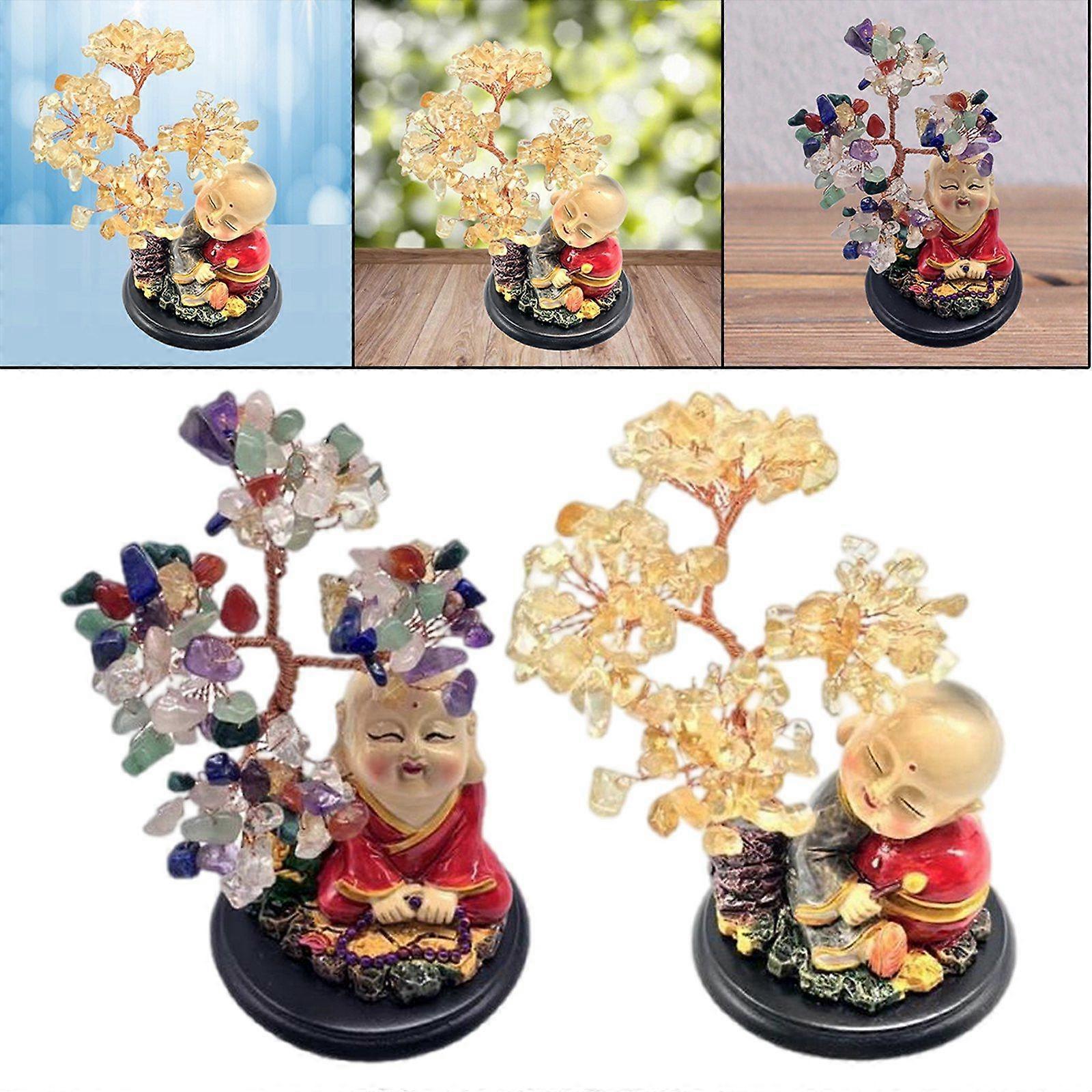 Set of 2 Money Tree with Monk Statue Artificial Trees Home Office Decor
