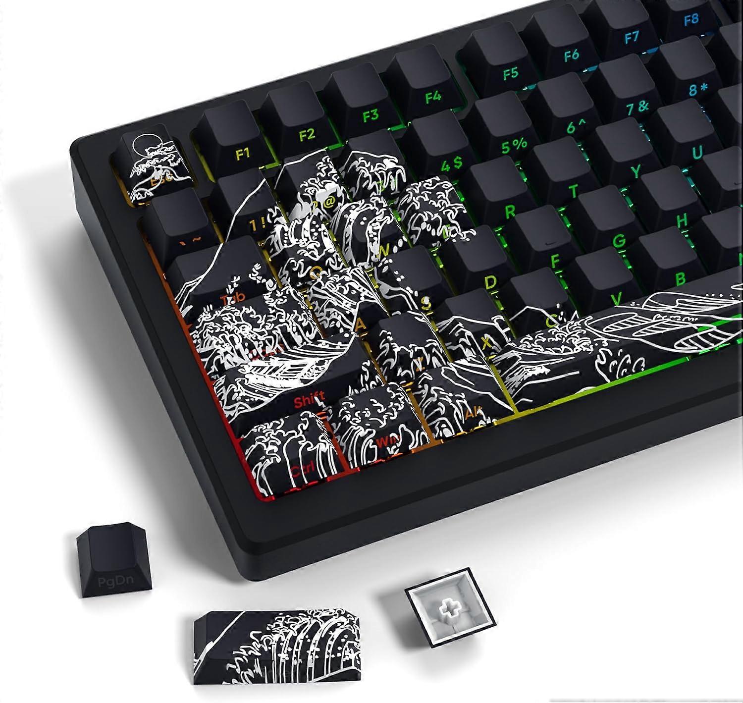 Shine Through Keycaps - PBT Dye Sub Keycap Set, Side Print Keycaps, 131 Keys Cherry Profile Custom Keycaps, Wave of Kanagawa Double Shot Key caps for 