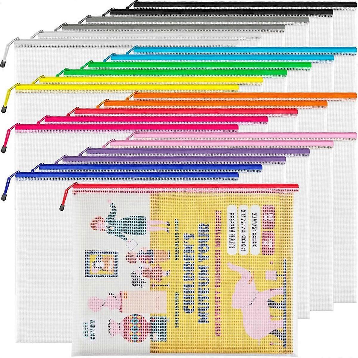 A3 (16.9x12.4 In,24 Pcs) Mesh Zipper Pouch,12 Colors Extra Large Zipper Bags,Waterproof File Pouches for Office Supplies