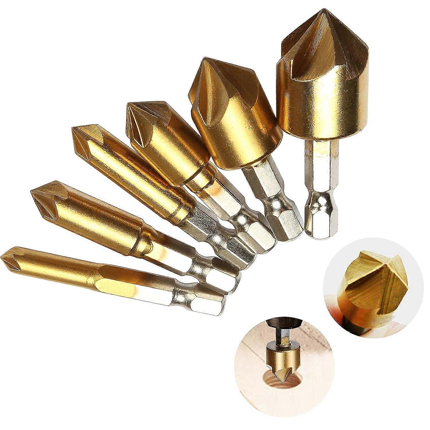 High-Quality Countersink Drill Bit Set for Precise Countersinking - 6 Pcs 1/4'Hex Shank HSS 5 Flute