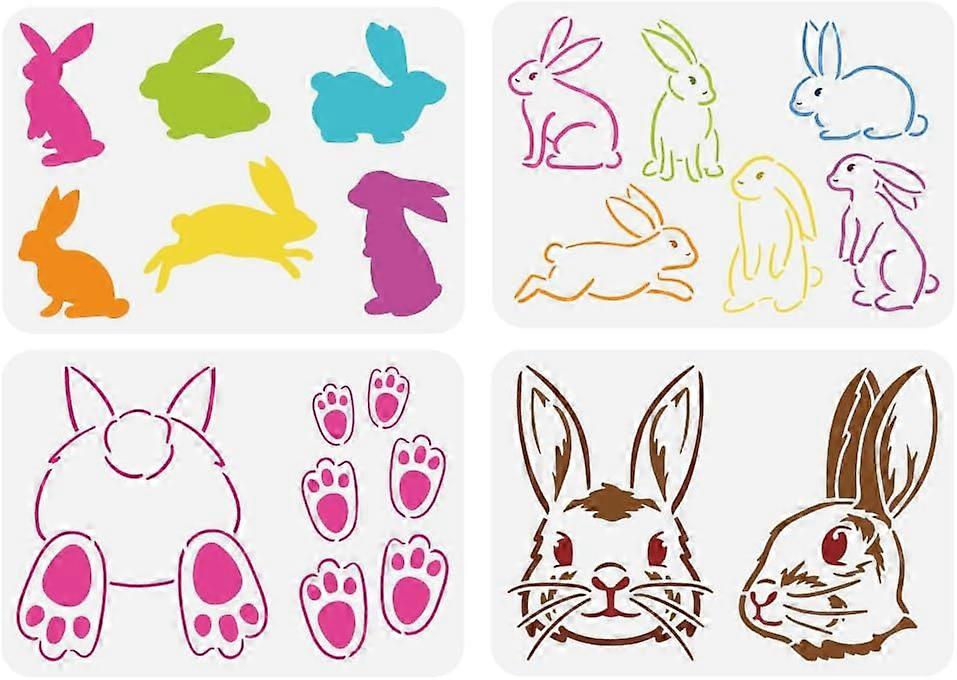 4 pcs Easter Bunny Painting Stencil 8.3x11.7inch Reusable Cute Rabbit Pawprint Pattern Drawing Template Jumping Rabbit Decoration Stencil for Painting