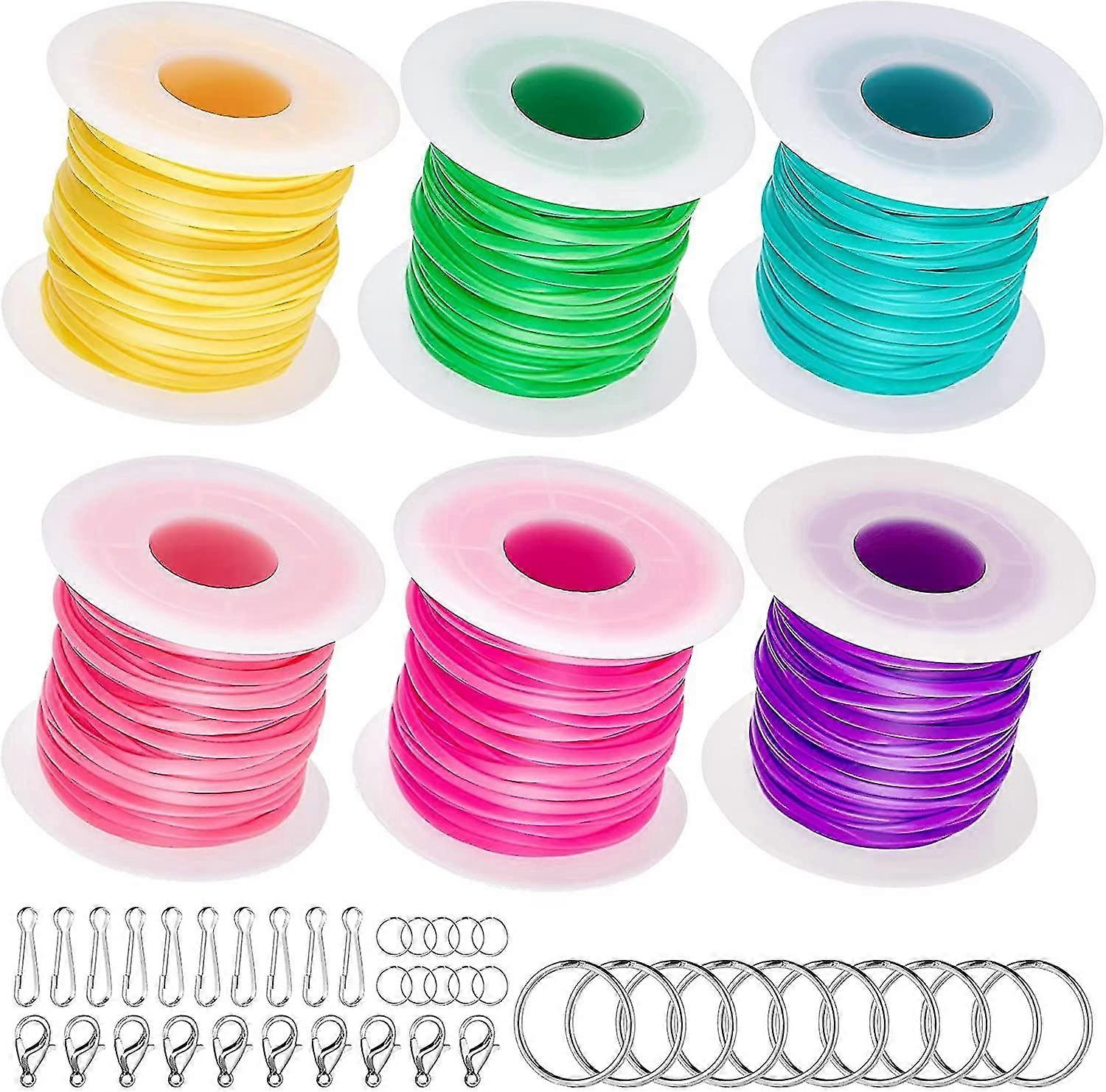 6 Rolls Lanyard String, Plastic Lacing Cord String Lanyard Kit With 10pcs Key Chain Ring Clips, 10pcs Snap Clip Hooks, 10pcs 5mm Open Rings & 10pcs Lo