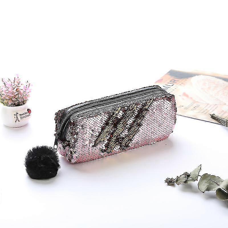 Double Sided Sequins Portable Two Color Brush Pencil Case Girl Makeup Bag With Pom Pom Zipper,pink