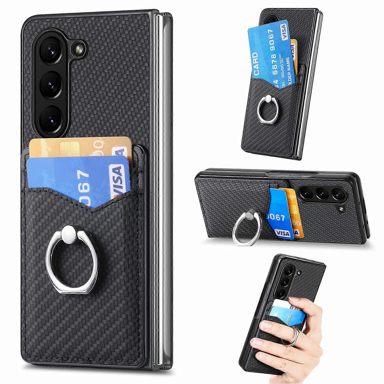 Phone Case for Samsung Galaxy Z Fold 6 Wallet Cover with 360 Rotating Ring Stand and Credit Card Holder, PC+PU Shockproof Anti-Scratch Protective Cove