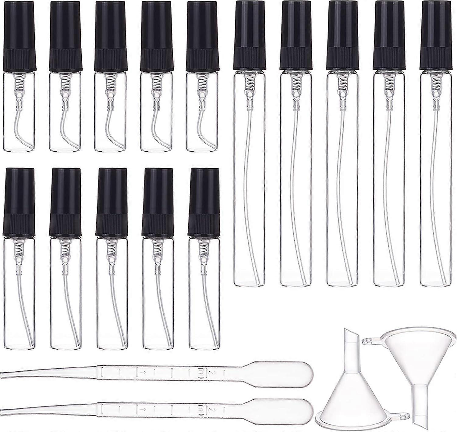 30PCS 3ml/5ml/10ml Mini Fine Mist Glass Spray Bottle Clear Glass Travel Empty AtomiserBlack Cap) with 2PCS Funnel and 4PCS 2ml Pipettes for Perfume Co