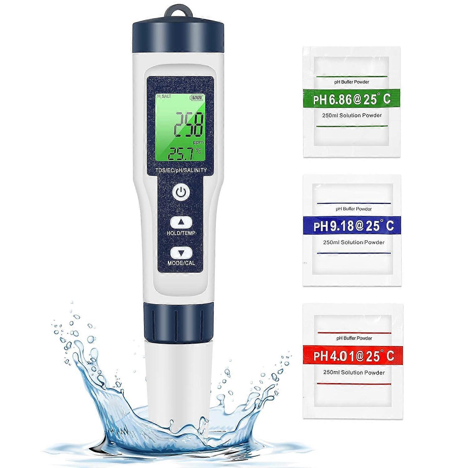 PH TDS Meter, 5-in-1 Water Quality Tester PH/TDS/EC/SALT/Temperature TDS Meter LCD Green Backlight Display for Pool/Aquarium/Pond