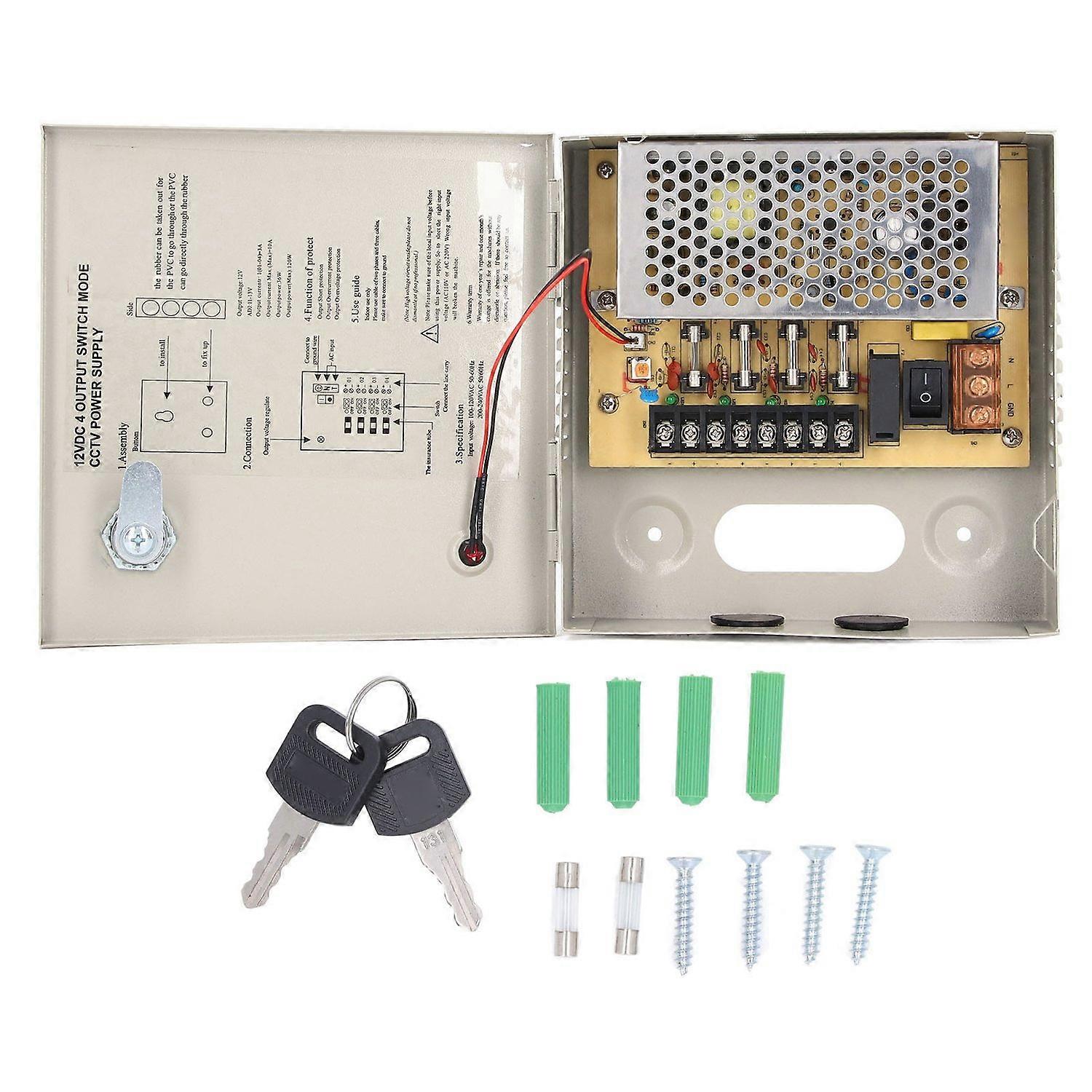 4 Channel 12V CCTV Power Supply 3A Fuse Closed Circuit TV Power Supply with Metal Box Lock 110V 220V