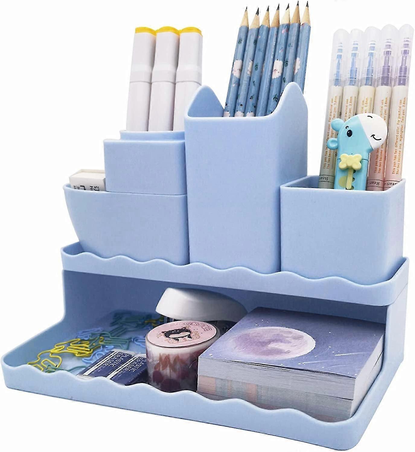 Nette vertikale Stift Organizer, Kawaii Schreibtisch Organizer Stifthalter Schreibwaren, Marker Bleistift Aufbewahrung Caddy Tray - Blau