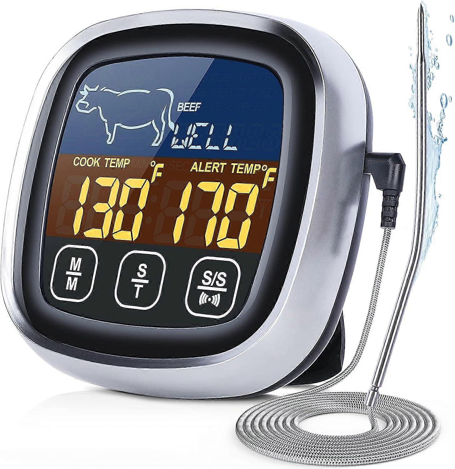 Meat Thermometer, with Long Probe, Digital Meat Thermometer with Large Touchscreen LCD, Kitchen Timer, Grill Thermometer