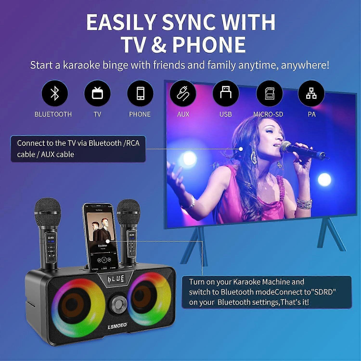 Karaoke Machine for Adults and Kids with 2 UHF Wireless Microphones,Portable Bluetooth Speaker PA Speaker System with LED Party Lights for Home Party,