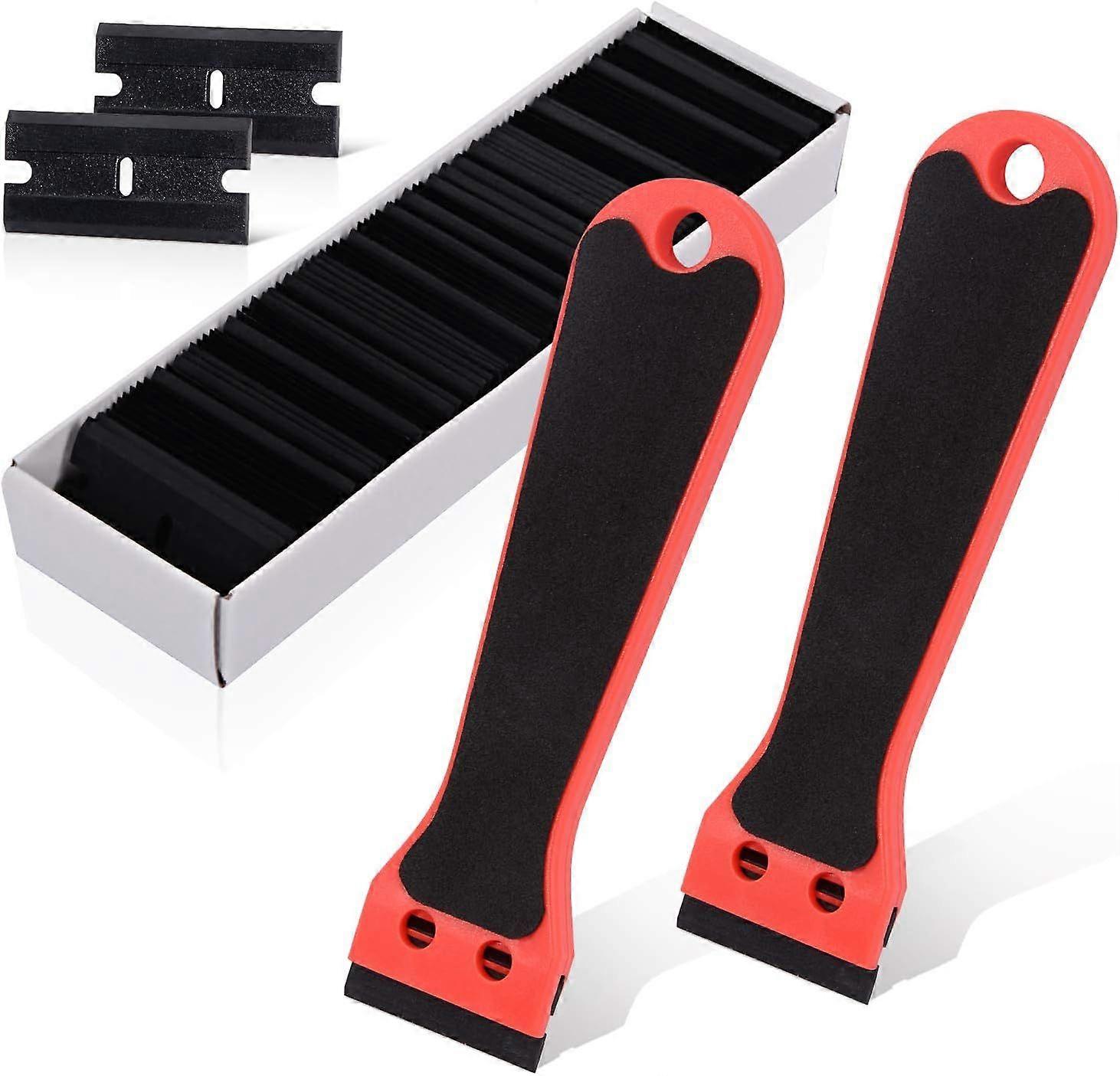Plastic Scraper with 100 Scrapers, Long Handle Scrapers, for Removing Labels, Glue, Paint, Stickers and Decals, Red