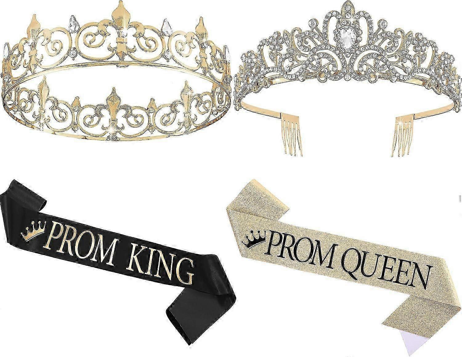 Prom King & Queen Crowns with Sashes Set - 4-Piece Tiara for Graduation Birthday Parties