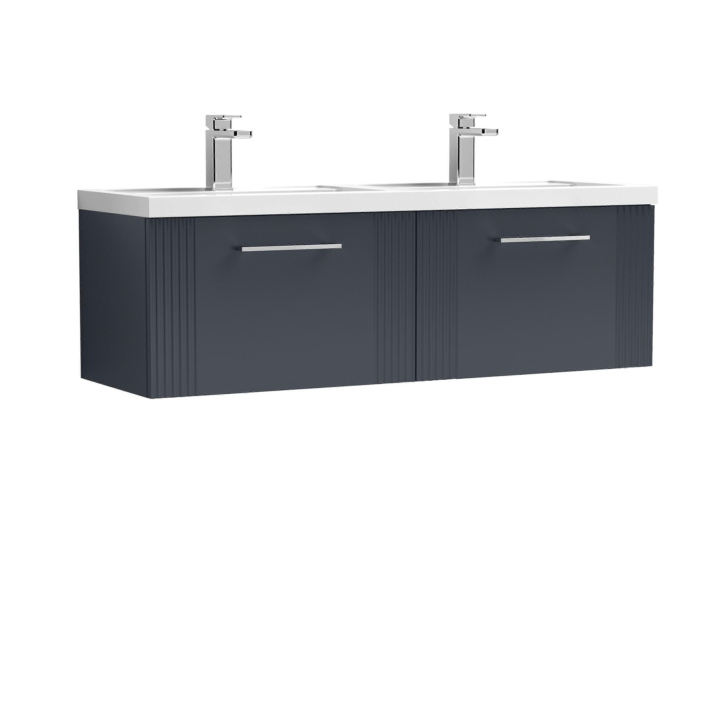 Partial Fluted 2 Drawer Wall Hung Vanity Unit with Double Polymarble Basin - 1200mm - Satin Dark Grey 